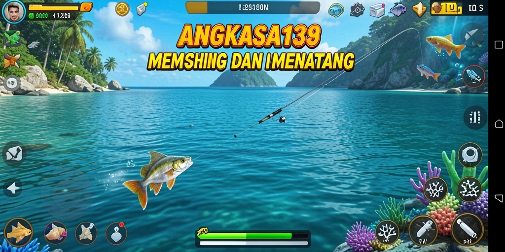 Screenshot gameplay <strong>ANGKASA138</strong> menampilkan keseruan memancing di berbagai lokasi.