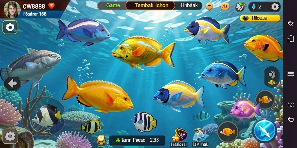 Tampilan gameplay Tembak Ikan yang mendebarkan dan berwarna-warni.