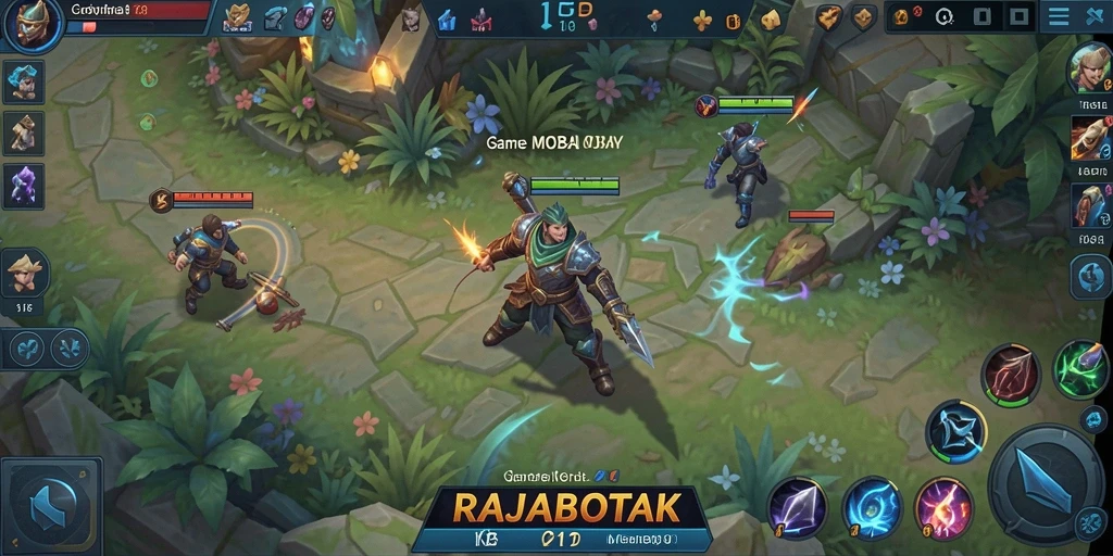 Screenshot gameplay RAJABOTAK menunjukkan pertarungan seru dalam arena.