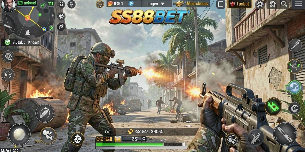 Screenshot gameplay SS88BET menampilkan aksi tembak-menembak yang intens dan mendebarkan.